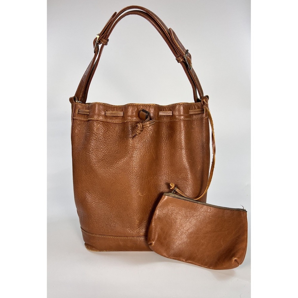 Vintage Saddle Tan Leather Drawstring Bucket Bag Purse Brass Feet w/ Coin Pouch
